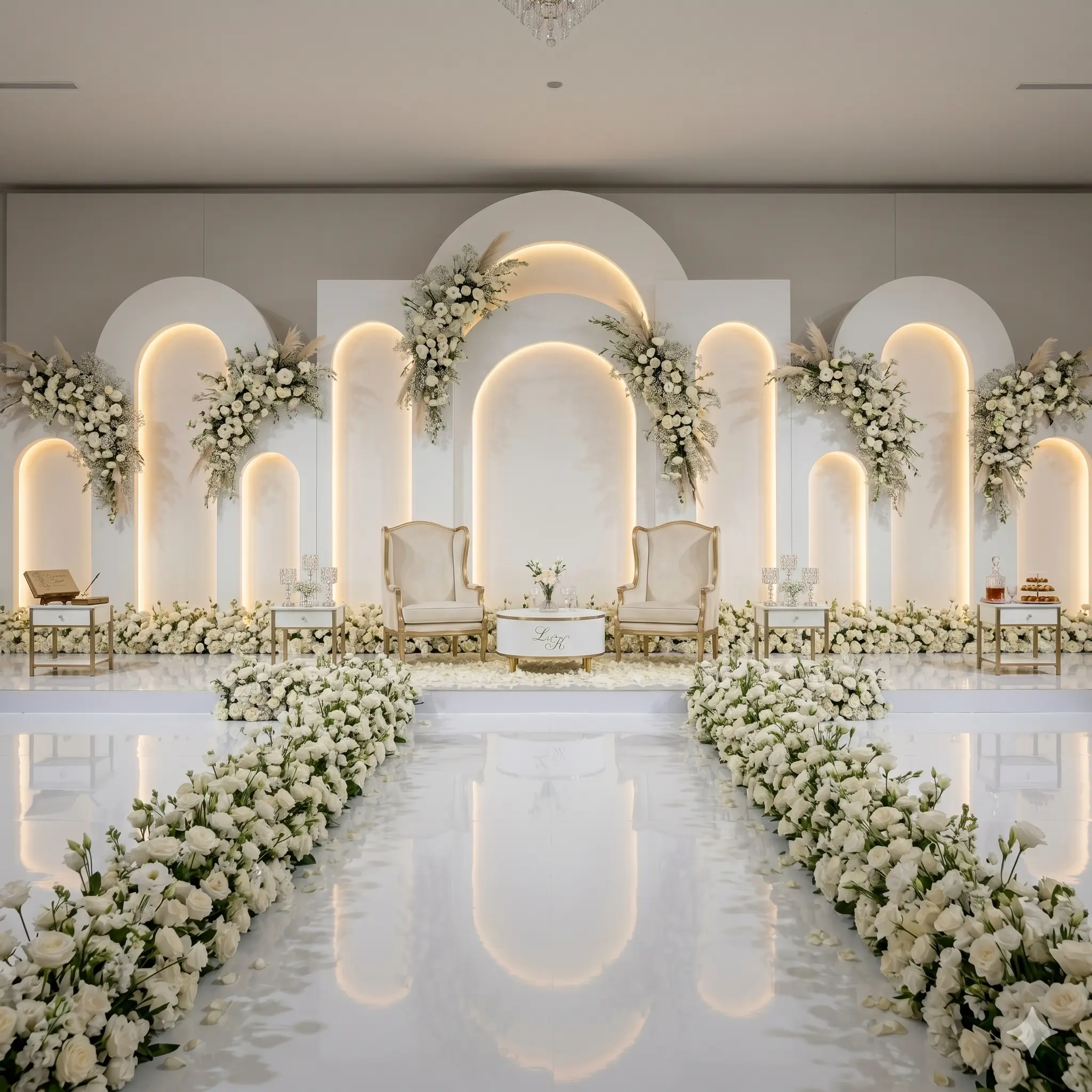 Elegant white arch stage with gold furniture, white florals, and warm ambient lighting